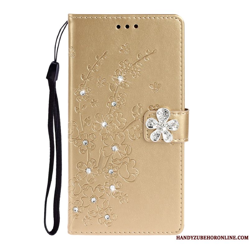 Hoesje Samsung Galaxy A51 Leer Prunus Anti-fall, Hoes Samsung Galaxy A51 Strass Telefoon Goud