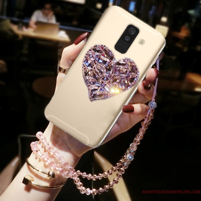 Hoesje Samsung Galaxy A6+ Strass Telefoon Liefde, Hoes Samsung Galaxy A6+ Bescherming Goud Hanger