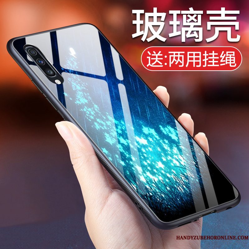 Hoesje Samsung Galaxy A70 Bescherming Telefoon Gehard Glas, Hoes Samsung Galaxy A70 Zacht Trend Blauw