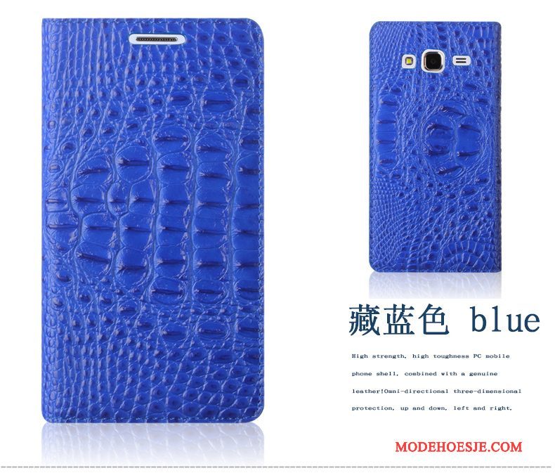 Hoesje Samsung Galaxy J3 2015 Leer Blauwtelefoon, Hoes Samsung Galaxy J3 2015 Bescherming Krokodillenleer