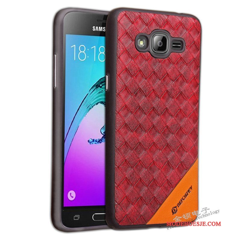 Hoesje Samsung Galaxy J3 2016 Bescherming Weven Patroon, Hoes Samsung Galaxy J3 2016 Zacht Schrobben Rood