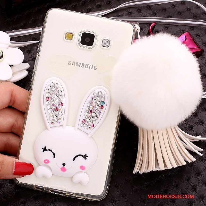 Hoesje Samsung Galaxy J7 2015 Bescherming Pompom Konijn, Hoes Samsung Galaxy J7 2015 Siliconen Telefoon Wit