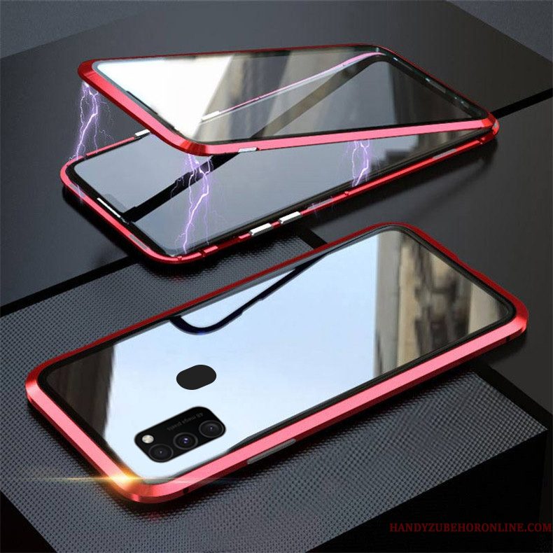 Hoesje Samsung Galaxy M30s Bescherming Rood Omkeerbaar, Hoes Samsung Galaxy M30s Magnetisch Doorzichtig