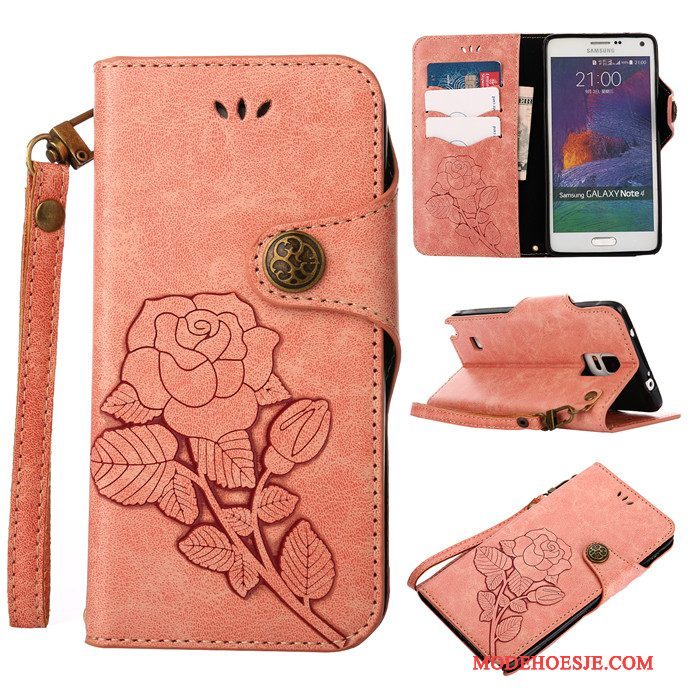 Hoesje Samsung Galaxy Note 4 Leer Telefoon Roze, Hoes Samsung Galaxy Note 4 Bescherming Anti-fall