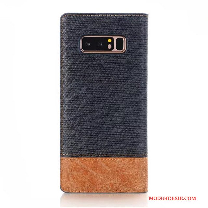 Hoesje Samsung Galaxy Note 8 Leer Twee Kleuren Automatisch, Hoes Samsung Galaxy Note 8 Bescherming Donkerblauw