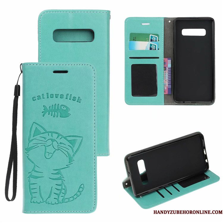 Hoesje Samsung Galaxy S10 Leer Blauw Kat, Hoes Samsung Galaxy S10 Folio Anti-falltelefoon