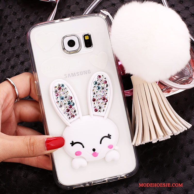 Hoesje Samsung Galaxy S6 Edge Strass Wit Doorzichtig, Hoes Samsung Galaxy S6 Edge Bescherming Konijn Pompom