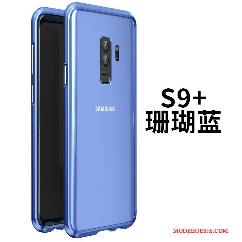 Hoesje Samsung Galaxy S9+ Metaal Glas Omlijsting, Hoes Samsung Galaxy S9+ Zakken Telefoon Blauw