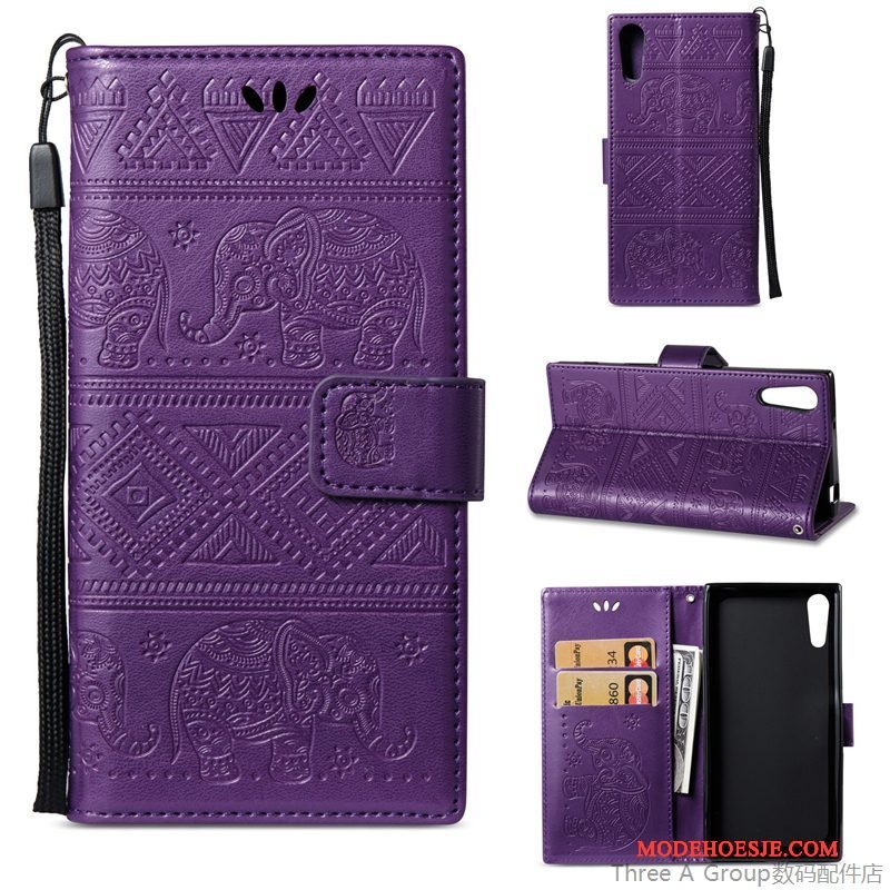 Hoesje Sony Xperia Xz Leer Purper Hanger, Hoes Sony Xperia Xz Spotprent Telefoon