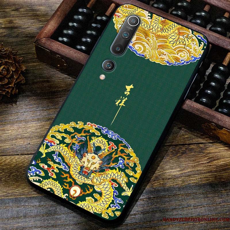 Hoesje Xiaomi Mi 10 Reliëf Telefoon Groen, Hoes Xiaomi Mi 10 Bescherming Anti-fall Trend