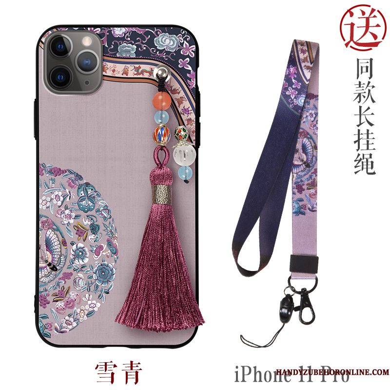 Hoesje iPhone 11 Pro Zakken Chinese Stijl Roze, Hoes iPhone 11 Pro Reliëf Wind Nieuw