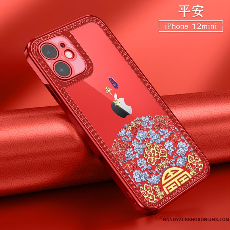 Hoesje iPhone 12 Mini Zacht Rood Anti-fall, Hoes iPhone 12 Mini Zakken Nieuw Chinese Stijl