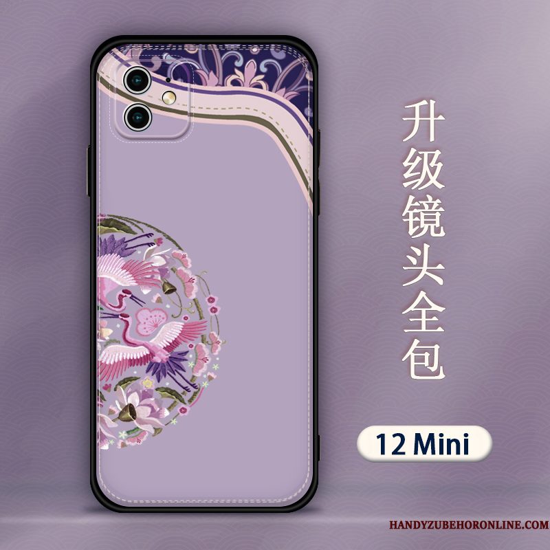 Hoesje iPhone 12 Mini Zakken Telefoon Purper, Hoes iPhone 12 Mini Scheppend Borduurwerk Hanger