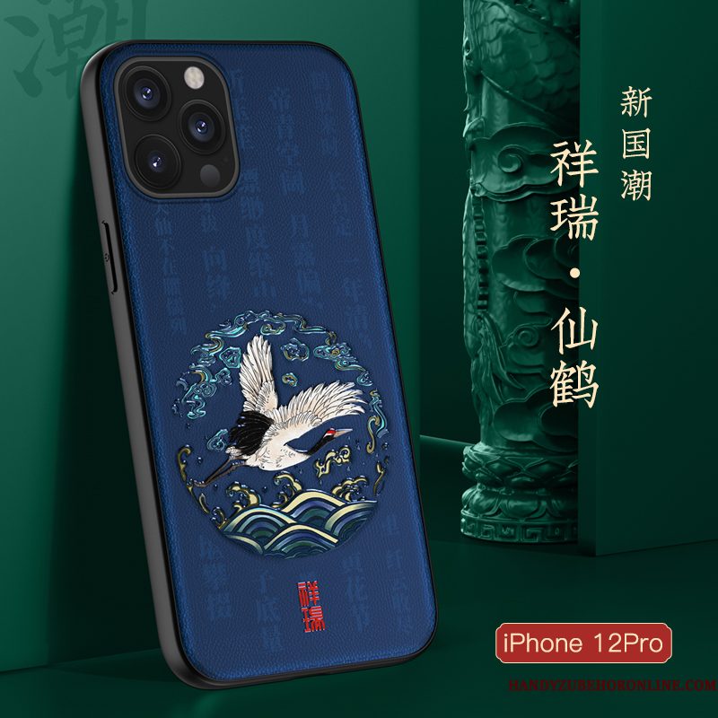 Hoesje iPhone 12 Pro Zacht Blauw Trendy Merk, Hoes iPhone 12 Pro Zakken Chinese Stijl Anti-fall