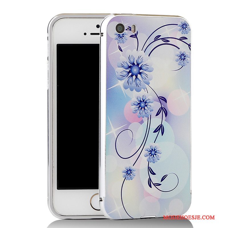 Hoesje iPhone 5/5s Spotprent Blauw Omlijsting, Hoes iPhone 5/5s Metaal Telefoon