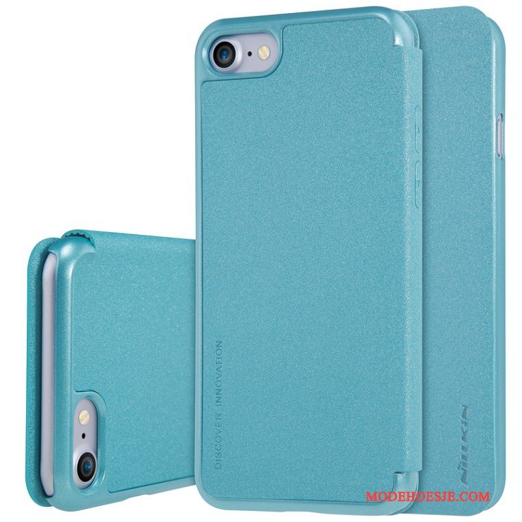 Hoesje iPhone 7 Leer Blauw Goud, Hoes iPhone 7 Bescherming Telefoon