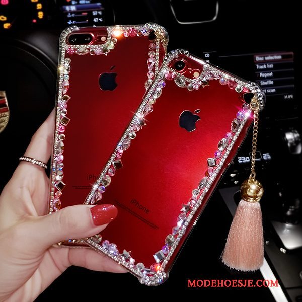 Hoesje iPhone 7 Plus Luxe Telefoon Kwasten, Hoes iPhone 7 Plus Strass Rood Doorzichtig