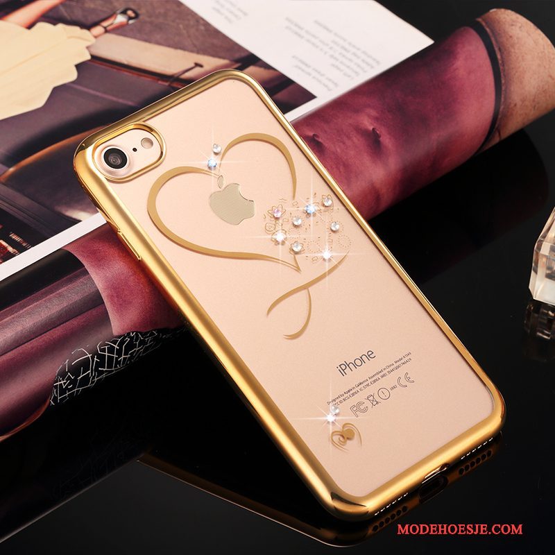 Hoesje iPhone 7 Plus Strass Goud Doorzichtig, Hoes iPhone 7 Plus Luxe Anti-falltelefoon