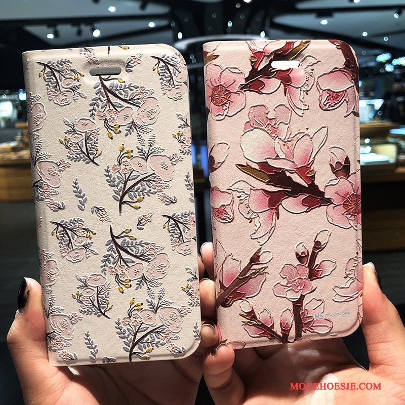 Hoesje iPhone 8 Plus Bloemen Rozetelefoon, Hoes iPhone 8 Plus Leer