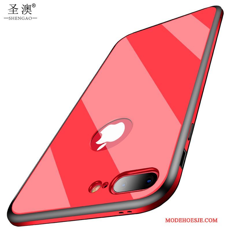Hoesje iPhone 8 Plus Metaal Gehard Glas Trend, Hoes iPhone 8 Plus Siliconen Anti-fall Rood