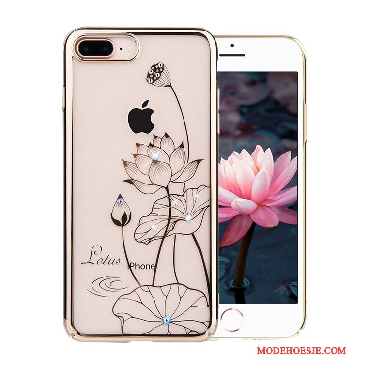 Hoesje iPhone 8 Plus Scheppend Doorzichtig Bloemen, Hoes iPhone 8 Plus Strass Telefoon Goud