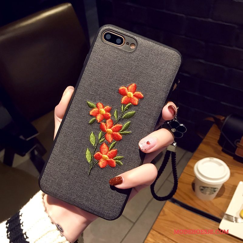 Hoesje iPhone 8 Plus Zacht Borduurwerk Hanger, Hoes iPhone 8 Plus Bescherming Bloemen Kunst