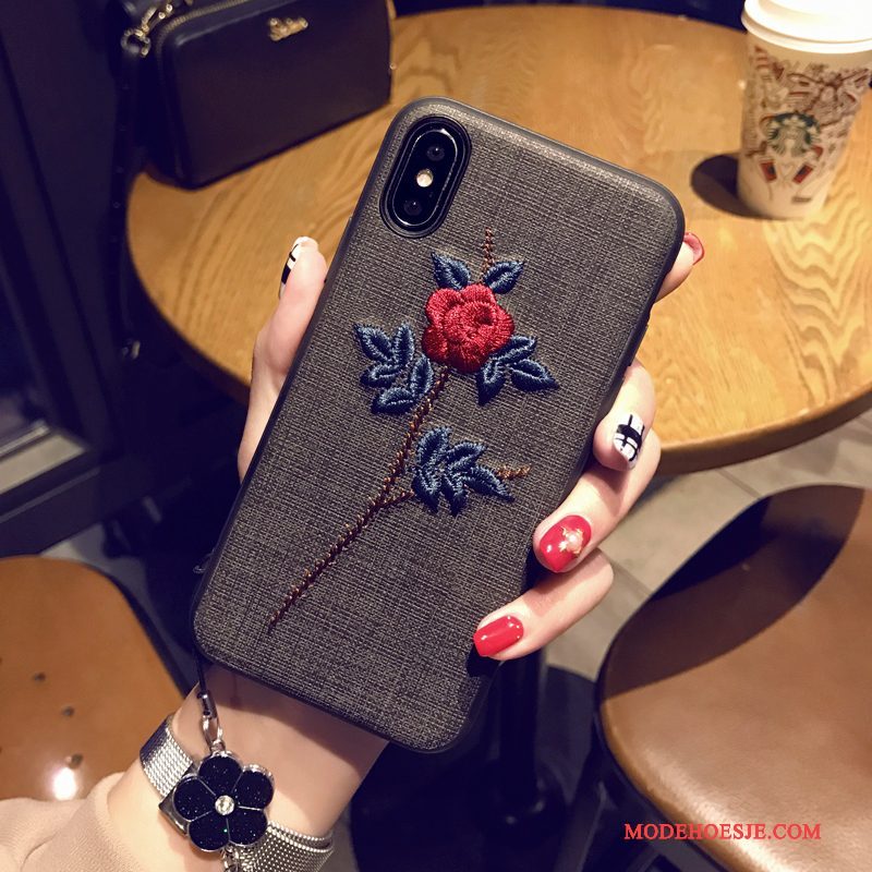 Hoesje iPhone 8 Plus Zacht Hanger Zwart, Hoes iPhone 8 Plus Bescherming Bloemen Anti-fall