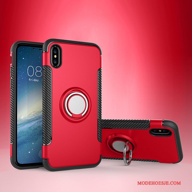 Hoesje iPhone X Bescherming Telefoon Auto, Hoes iPhone X Leer Magnetisch Ring