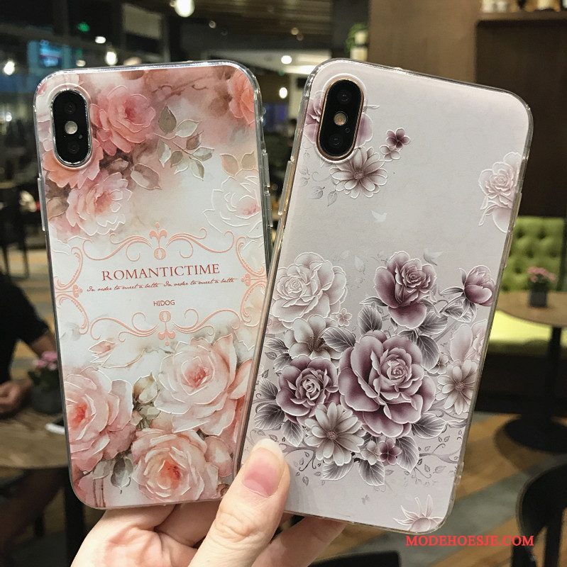 Hoesje iPhone X Geschilderd Anti-fall Purper, Hoes iPhone X Reliëf Roze Hanger