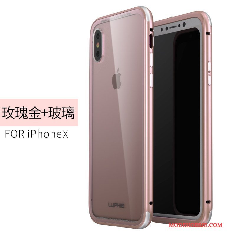 Hoesje iPhone X Metaal Roze Doorzichtig, Hoes iPhone X Bescherming Glas Omlijsting