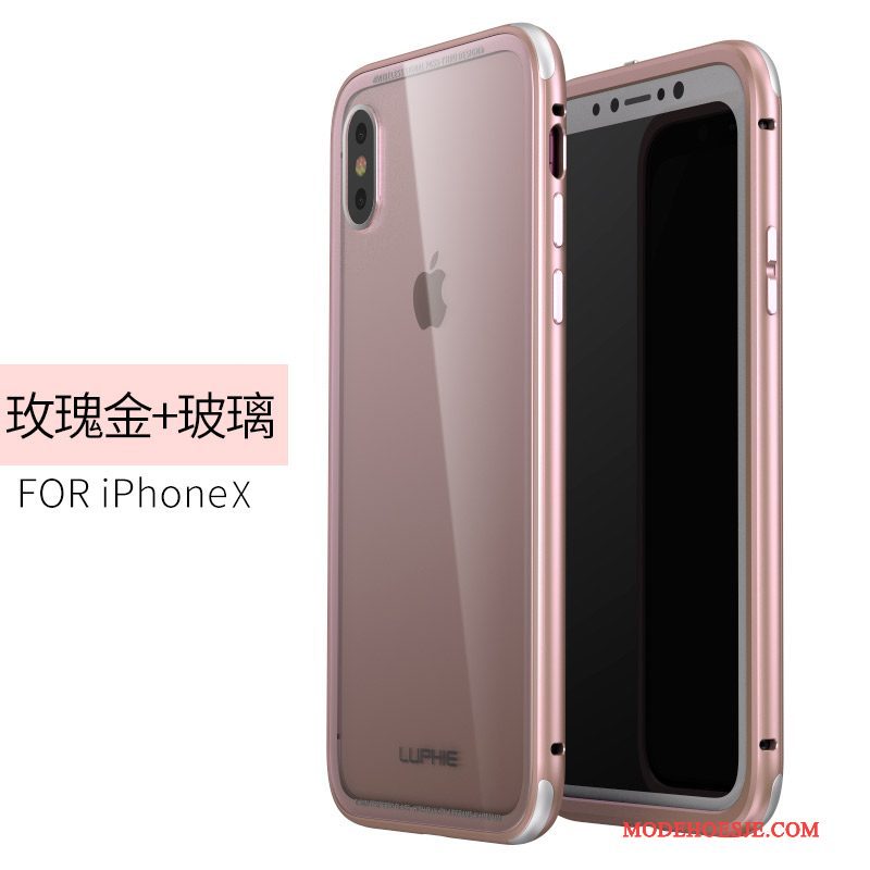 Hoesje iPhone X Metaal Roze Doorzichtig, Hoes iPhone X Bescherming Glas Omlijsting
