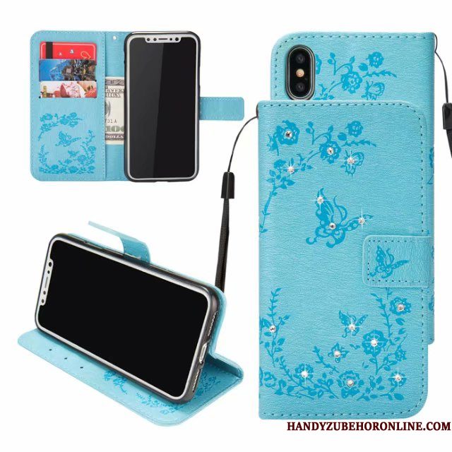 Hoesje iPhone Xs Max Folio Anti-fall Kaart, Hoes iPhone Xs Max Leer Reliëf Blauw