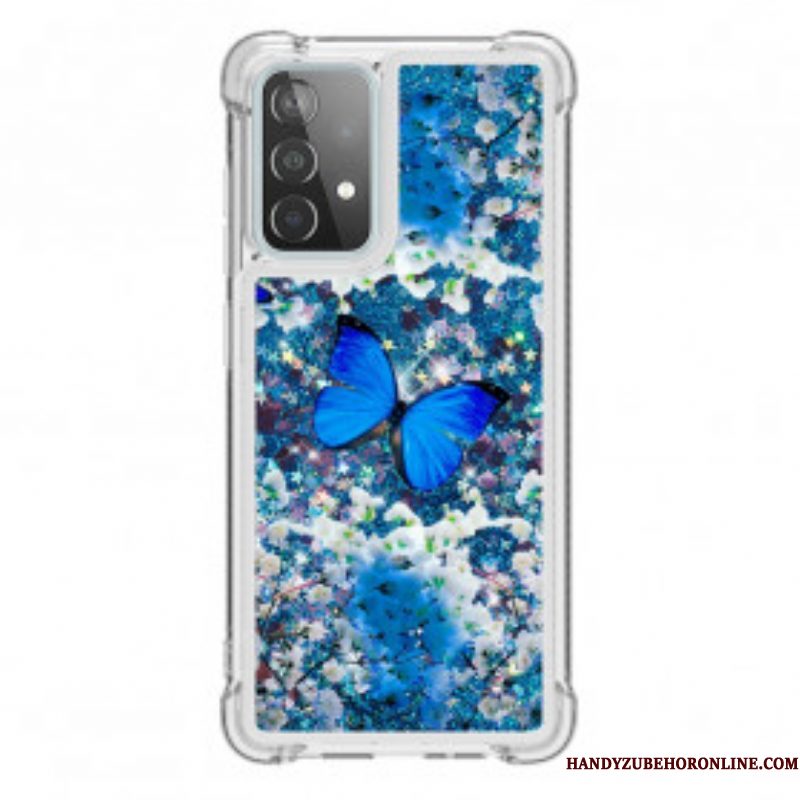 Hoesje voor Samsung Galaxy A52 4G / A52 5G / A52s 5G Glitter Blauwe Vlinders