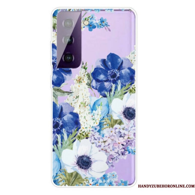 Hoesje voor Samsung Galaxy S21 FE Waterverf Blauwe Bloemen