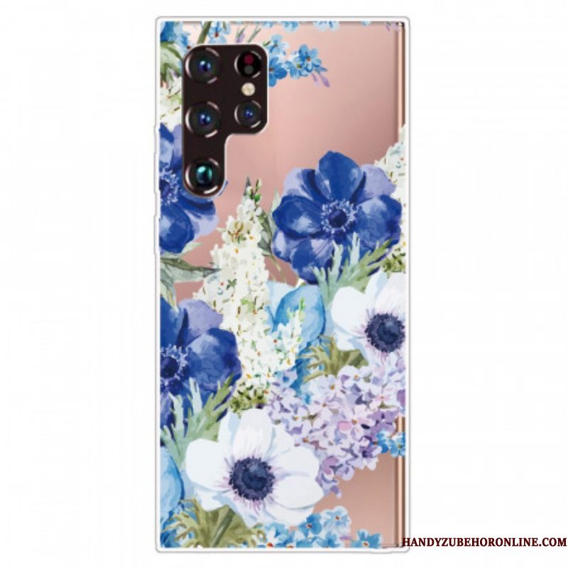 Hoesje voor Samsung Galaxy S22 Ultra 5G Waterverf Blauwe Bloemen
