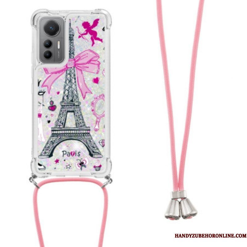 Hoesje voor Xiaomi 12 Lite Met Koord Eiffeltoren Glitter Trekkoord