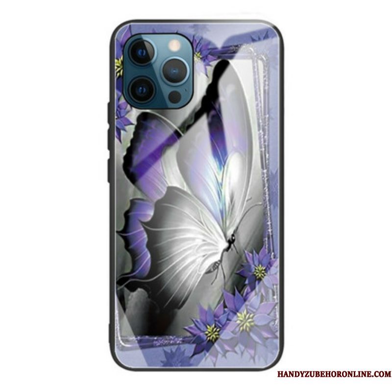 Hoesje voor iPhone 13 Pro Paars Vlinder Gehard Glas