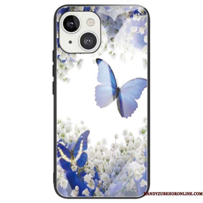 Hoesje voor iPhone 14 Blauwe Vlinders Gehard Glas