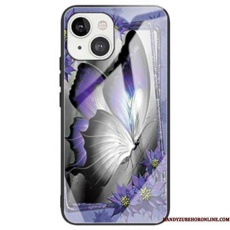 Hoesje voor iPhone 14 Paars Vlinder Gehard Glas