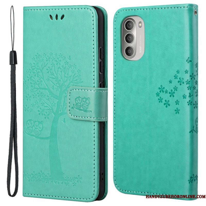 Leren Hoesje voor Moto G51 5G Met Ketting String Boom En Uilen