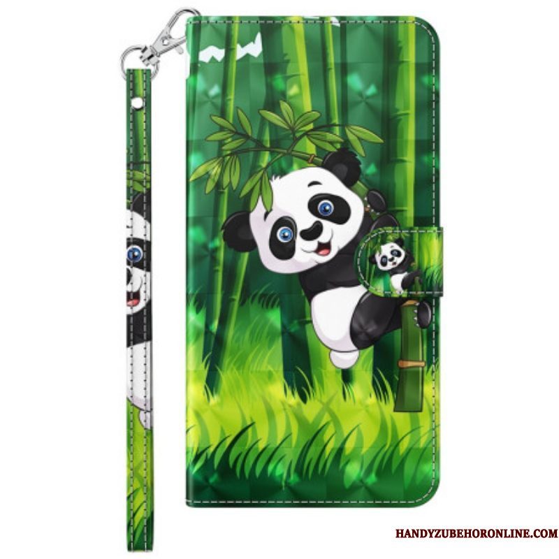 Leren Hoesje voor Moto G73 5G Met Ketting Panda En Bamboe Met Lanyard