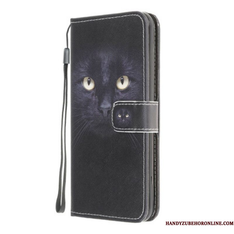 Leren Hoesje voor Samsung Galaxy A42 5G Met Ketting Strappy Zwarte Kattenogen