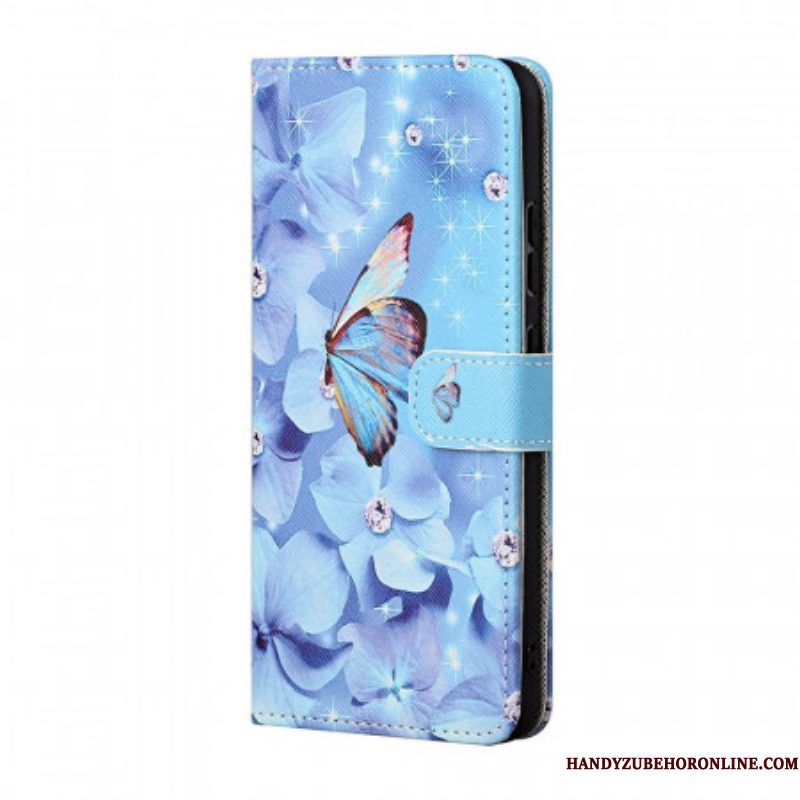 Leren Hoesje voor Samsung Galaxy M23 5G Met Ketting Strappy Diamanten Vlinders