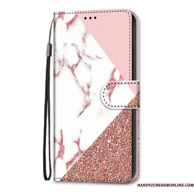 Leren Hoesje voor Samsung Galaxy S21 5G Marmer En Glitterdriehoek