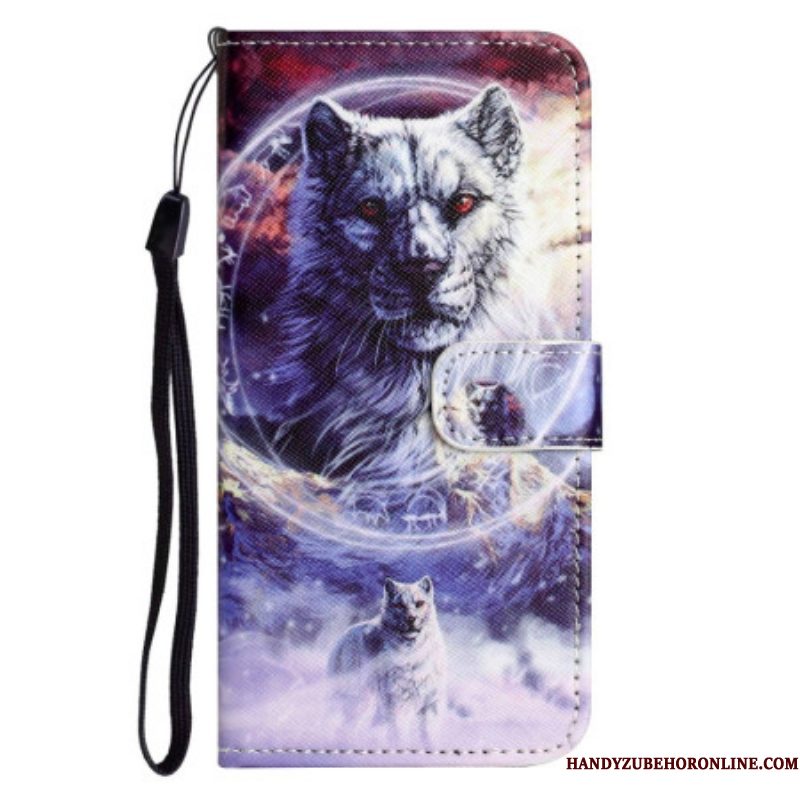 Leren Hoesje voor Samsung Galaxy S23 5G Met Ketting Lanyard Wolf