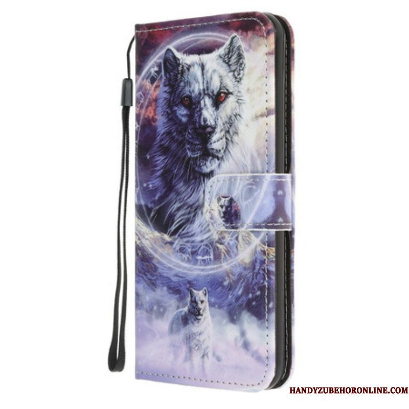 Leren Hoesje voor iPhone 13 Pro Wolf In De Winter Met Sleutelkoord