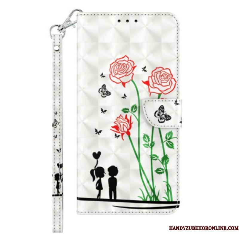 Leren Hoesje voor iPhone 14 Met Ketting Lanyard Liefde Paardebloemen