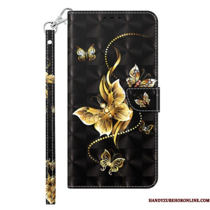 Leren Hoesje voor iPhone 14 Pro Met Ketting Gouden Vlinders Met Riem