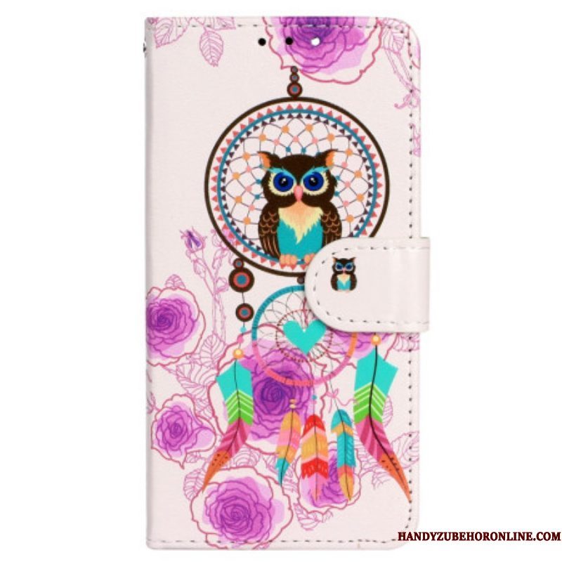 Leren Hoesje voor iPhone 15 Met Ketting Uil Dromenvanger Met Riem