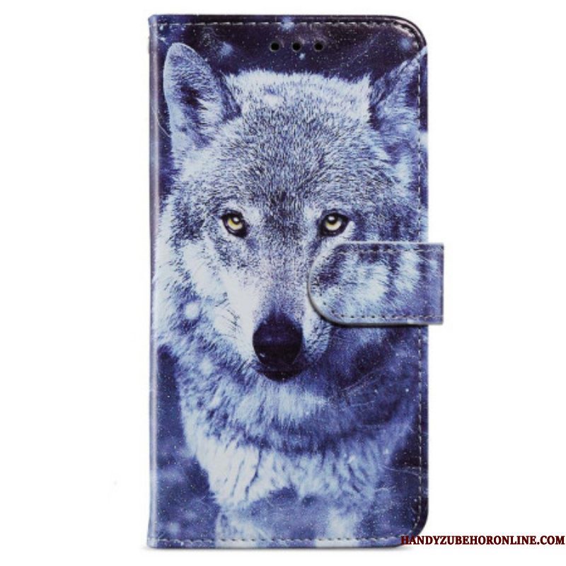 Leren Hoesje voor iPhone 15 Met Ketting Witte Wolf Met Riem